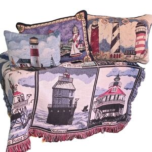 Coastal Lighthouse Pillow Set w Throw Nautical Beach House Decor